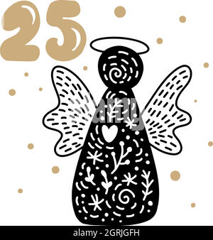 Winter Vektor Illustration des nordischen Engels. 24 Tage vor dem Feiertag, 25. Tag. Weihnachts-Adventskalender mit niedlicher skandinavischer Hand Stock Vektor