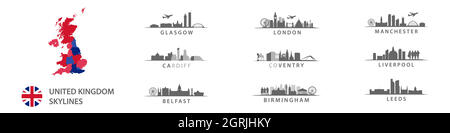 Sammlung großer Städte in Unitted Kingdom, Skylines in Vektorsihouetten, englische Reiseziele in England, Wales, Belfast, Schottland und IIreland Stock Vektor