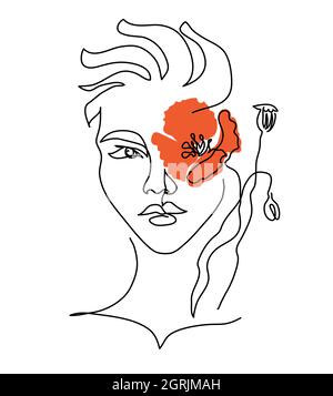 Frauenkopf lineart Zeichnung mit roter Mohnblume statt Auge. Moderne kontinuierliche Linienvektor Illustration von Kopf und Farbe Blume Stock Vektor