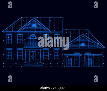 Drahtmodell eines zweistöckigen Hauses aus blauen Linien mit leuchtenden Lichtern auf dunklem Hintergrund. Vorderansicht Vektorgrafik. Stock Vektor