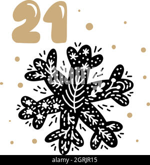 Winter Vektor Illustration der nordischen Schneeflocke. Vierundzwanzig Tage vor dem Feiertag, 21. Tag. Weihnachts-Adventskalender mit niedlichen skandinavischen Stock Vektor