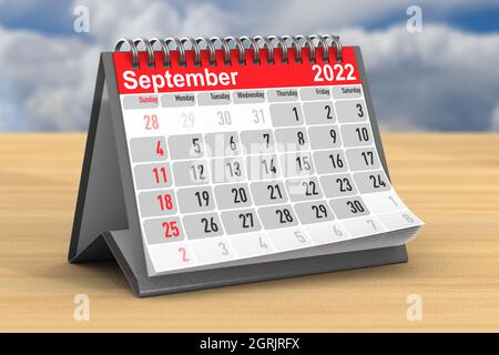 2022 Jahre. Kalender für September. 3D-Illustration Stockfoto