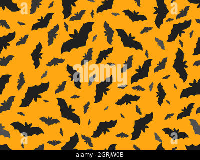 Halloween nahtloses Muster mit schwarzen Silhouetten von Fledermäusen auf einem orangen Hintergrund. Design zum Einwickeln von Papier, Banner und Werbematerialien. Vecto Stock Vektor