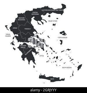 Graue politische Landkarte von Griechenland. Verwaltungsabteilungen - dezentrale Verwaltungen. Einfache flache Vektorkarte mit Beschriftungen. Stock Vektor