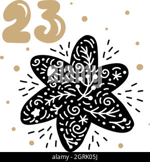 Winter-Vektor Illustration des nordischen Schneeflockensternes. 24 Tage vor dem Feiertag, 23. Tag. Weihnachten Adventskalender mit niedlich Stock Vektor