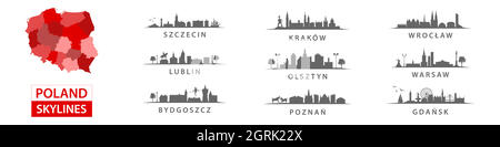 Sammlung polnischer Skylines, großer Städte in Polen, Osteuropa Stock Vektor