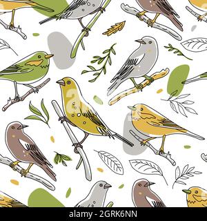 Vogel Illustration nahtlose Muster. Sammlung von niedlichen handgezeichneten Vogel-Kritzeleien. Linienstil in Minimalismus auf weißem Vektorbild Stock Vektor