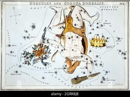 Sidney Hall (1788-1831) – Astronomische Kartendarstellung des Herkules und der Corona Borealis. Stockfoto