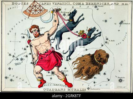 Sidney Hall (1788-1831) – Astronomische Kartendarstellung von Bootes Canes Venatici, Coma Berenices und Quadrans muralis. Bootes der Pflugmann... Stockfoto