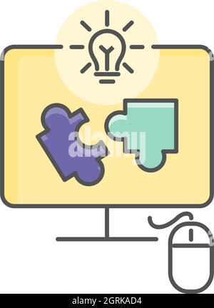 Online Puzzle-Spiel Symbol. Puzzleteile auf dem Bildschirm des Computermonitors. Flache Illustration. Isoliert auf weißem Hintergrund. Stock Vektor