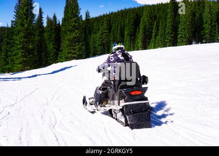 Mann Auf Tour Mieten Sie Schneemobil In Winter Mountains Pine Forest Stockfoto