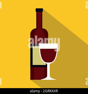 Glas Rotwein und eine Flasche Symbol, flachen Stil Stock Vektor