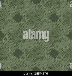 Shibori Stil ikat Vektor nahtlose Vektor Muster Hintergrund. Hintergrund mit gekritzelten Rautenformen in monochromem Salbeigrün. Webeffekt wiederholen. Gewebt Stock Vektor