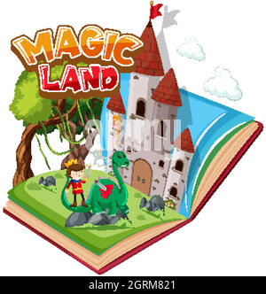 Schriftdesign für Wort Magic Land mit Prinz und Drache Stock Vektor