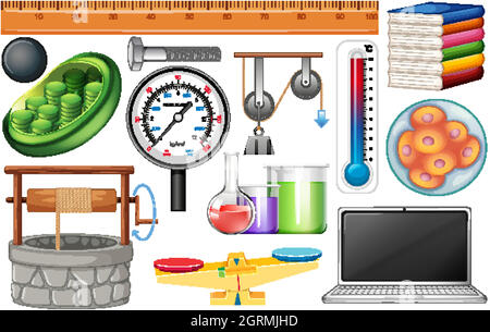 Großer Satz von wissenschaftlichen Geräten auf weißem Hintergrund Stock Vektor