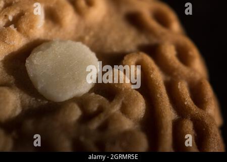 Nahaufnahme von Textur-Vanillekeks auf einem schwarzen Holztisch Stockfoto