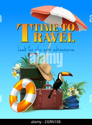 Vector Sommer Verkauf Banner Vorlage. Vertikale Ausrichtung mit Gepäck, Regenschirm, Hut, Lebenskreis, Karte, Kamera auf der Sandinsel. Travel Tourist Konz Stock Vektor