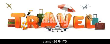realistische 3d-Vektor-Reisebuchstaben. Isoliert auf weißem Hintergrund mit Flugzeug, Regenschirm, Lebenskreis, Gepäck und Tukan-Vogel. Stock Vektor