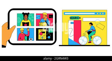 Online-Kommunikation – farbenfrohe Illustrationen im flachen Design mit trendigen Charakteren. Lebendige Bilder von Studenten, die aus der Ferne studieren, Tablet und Browser Stock Vektor
