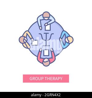 Gruppentherapie - modernes Liniendesign-Symbol auf weißem Hintergrund. Ordentliches, detailliertes Bild des Psychotherapieprozesses im Team. Patienten und Arzt sitzen Stock Vektor