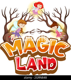 Schriftdesign für Wort Magic Land mit vielen Feen fliegen Stock Vektor