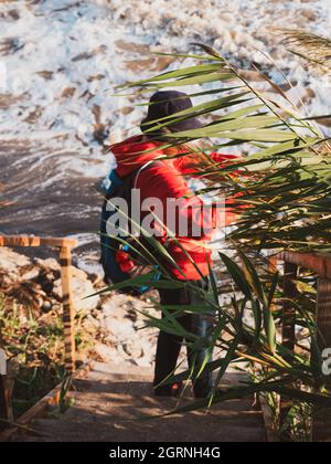 Bärtiger Tausendjähriger Mann in rotem Kapuzenpullover mit Rucksack Herbst Meer Hintergrund trockene Schilf authentische männliche Tourist Lifestyle Foto Stockfoto