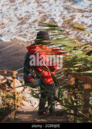Bärtiger Tausendjähriger Mann in rotem Kapuzenpullover mit Rucksack Herbst Meer Hintergrund trockene Schilf authentische männliche Tourist Lifestyle Foto Stockfoto