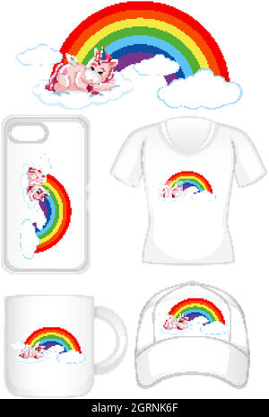 Grafikdesign auf verschiedenen Produkten mit Einhorn auf Regenbogen Stock Vektor