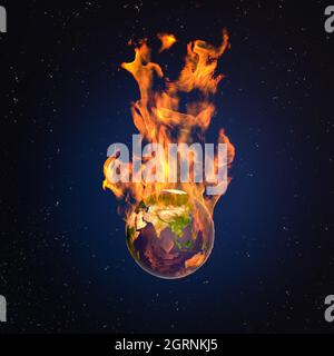 Konzept der globalen Erwärmung: Die Erde brennt. Flammen brechen vom Planeten Erde aus. Asien sichtbar. Verwendetes NASA-Material Stockfoto