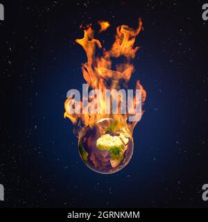 Konzept der globalen Erwärmung: Die Erde brennt. Flammen brechen vom Planeten Erde aus. Europa und Afrika sichtbar. Verwendetes NASA-Material Stockfoto