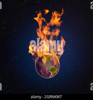 Konzept der globalen Erwärmung: Die Erde brennt. Flammen brechen vom Planeten Erde aus. Nord- und Südamerika sichtbar. Verwendetes NASA-Material Stockfoto