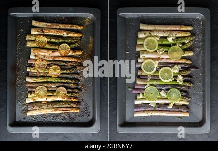Gebacken und bereit zum Backen von weißem, violettem und grünem Spargelsprossen Gemüse mit Zitrone, Knoblauch und Käse auf dunklem Hintergrund. Food-Fotografie Stockfoto