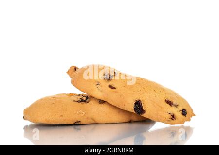 Zwei hausgemachte Shortbread-Kekse mit Rosinen, Nahaufnahme, isoliert auf Weiß. Stockfoto