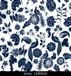 Schwarz-weiß Floral nahtlose Hintergrund Muster. Ethnische Vektor-Illustration. Fantasy-Blumen und Vögel. Orientalischer Stil. Stock Vektor