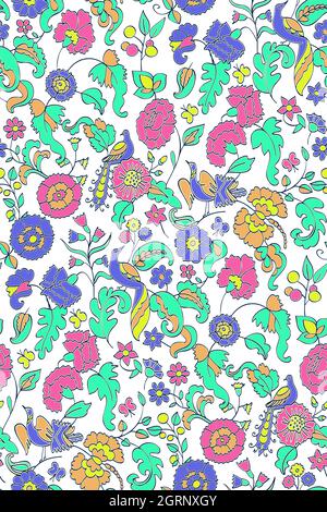 Florales Nahtloses Hintergrundmuster. Ethnische Vektor-Illustration. Fantasy-Blumen und Vögel. Orientalischer Stil Stock Vektor