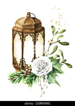 Alte Laterne mit Winterhochzeit-Bouquet, handgezeichnete Aquarell-Illustration isoliert auf weißem Hintergrund Stockfoto