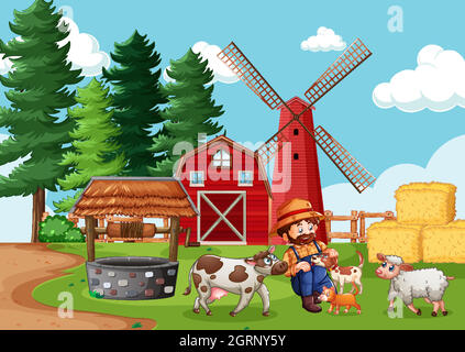 Farmer mit Tierfarm in Farmszene im Cartoon-Stil Stock Vektor