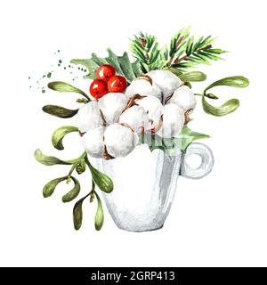 Winterstrauß. Handgezeichnete Aquarellillustration, isoliert auf weißem Hintergrund Stockfoto