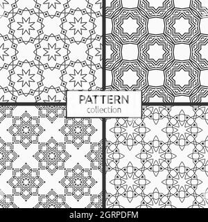 Satz aus vier nahtlosen Mustern sich schneidenden geometrischen Formen. Arabisches, orientalisches Ornament. Geometrisches Gitter. Sich wiederholende, lineare, stilvolle Textur. Vektor Stock Vektor