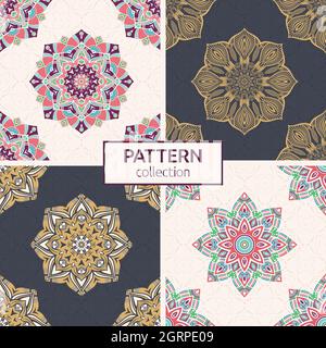 Satz von vier nahtlosen Vektor-Farbmustern mit Mandala. Abstrakt orientalischen Mandala Hintergrund. Vintage-Deko-Elemente. Islam, Arabisch, Indisch. Stock Vektor