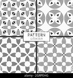 Set aus vier nahtlosen Mustern mit symmetrischen Kreisformen, Streifen, Blütenblättern. Stilisierte Blumen. Sich wiederholende geometrische Ornamente. Vektorgrafik monochrom. Stock Vektor