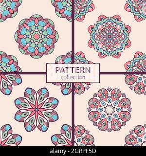Satz von vier nahtlosen Vektor-Farbmustern mit Mandala. Abstrakt orientalischen Mandala Hintergrund. Vintage-Deko-Elemente. Islam, Arabisch, Indisch. Stock Vektor