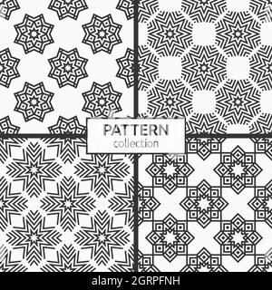 Set aus vier nahtlosen Sternen, Schneeflocken-Muster. Sich wiederholende geometrische Formen. Vektor monochrome Hintergründe. Stock Vektor