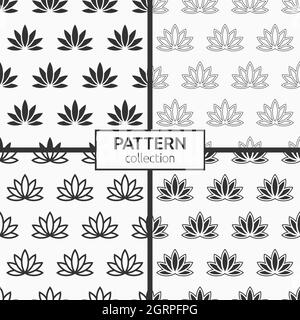 Set aus vier nahtlosen Lotus-Mustern. Blumenhintergründe. Orientalische Ornamente. Vektor schwarz-weiß Hintergründe. Stock Vektor