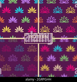 Satz aus vier nahtlosen Lotus-Mustern. Blumenhintergründe. Orientalische Ornamente. Vektor bunte Hintergründe. Stock Vektor