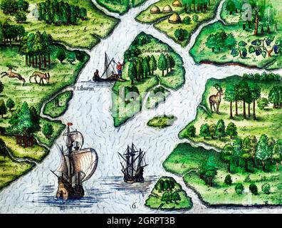 Port Royal, South Carolina Illustration aus Grand Voyages (1596) von Theodor de Bry (1528-1598). Stockfoto