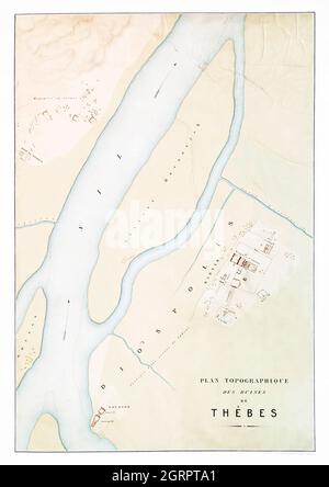 Topographische Karte der Ruinen von Theben aus der Histoire de l'Art égyptien (1878) von Émile Prisse d'Avennes. Stockfoto