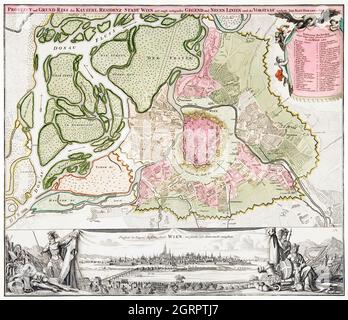 Karte von Wien (ca. 1702) von Johann-Baptista Homann. Stockfoto
