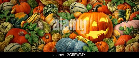 Jack-O-Lantern Kürbis als fröhliche Halloween-Feier Hintergrund mit frischen Ernte Bauernhof Squash und bunte Danksagezeit saisonalen Herbst Squash. Stockfoto