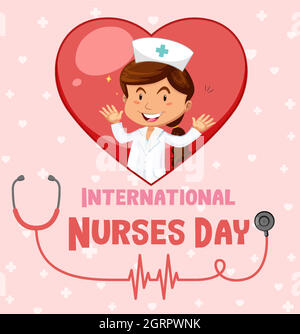 Happy International Nurses Day Schriftart mit Krankenschwester Zeichentrickfigur Stock Vektor